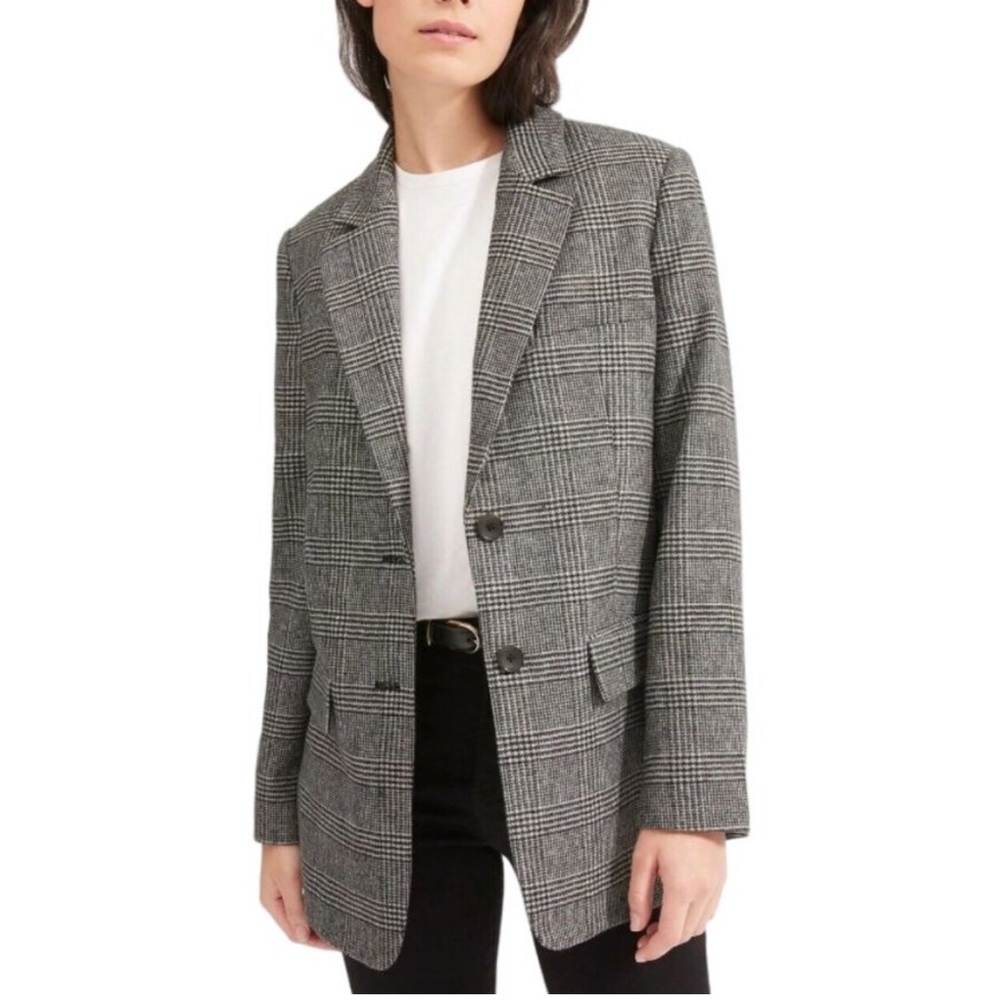 Everlane Italian Wool Oversized Blazer Glen Plaid Grey Structured Academia Sz 2